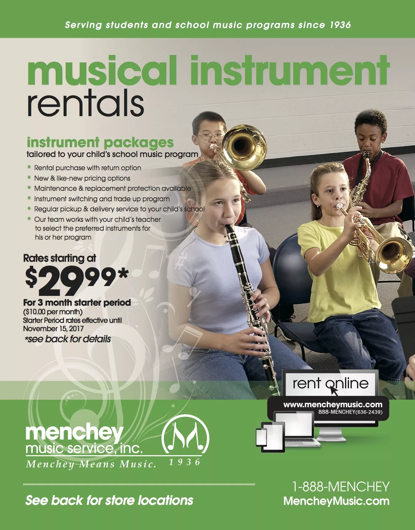Menchey Music Band Rental Flyer Mrs. Brubaker Music at Hambright